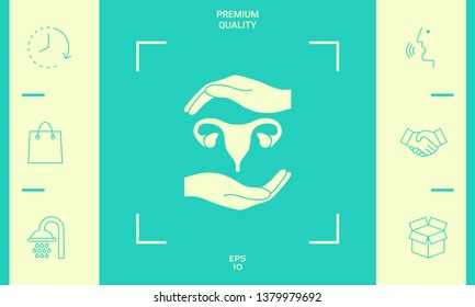 Hands holding Female uterus - protection symbol. Graphic elements for your design