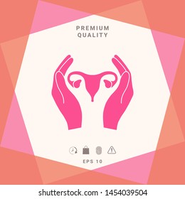 Hands holding Female uterus - protection icon. Graphic elements for your design