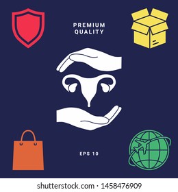 Hands holding Female uterus - protection symbol. Graphic elements for your design