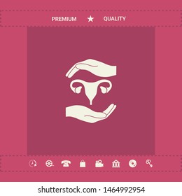Hands holding Female uterus - protection symbol. Graphic elements for your design