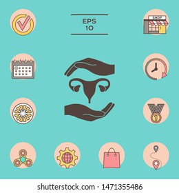 Hands holding Female uterus - protection symbol. Graphic elements for your design