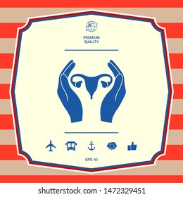 Hands holding Female uterus - protection icon. Graphic elements for your design