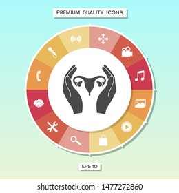 Hands holding Female uterus - protection icon. Graphic elements for your design