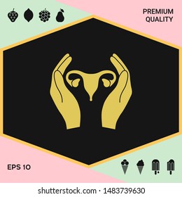 Hands holding Female uterus - protection icon. Graphic elements for your design