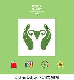 Hands holding Female uterus - protection icon. Graphic elements for your design