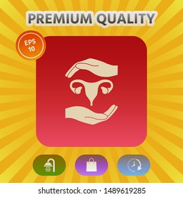 Hands holding Female uterus - protection symbol. Graphic elements for your design