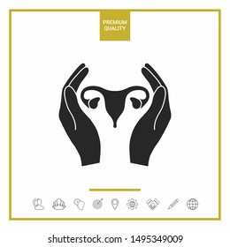 Hands holding Female uterus - protection icon. Graphic elements for your design