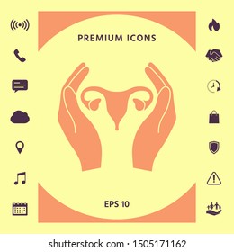 Hands holding Female uterus - protection icon. Graphic elements for your design