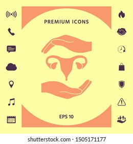 Hands holding Female uterus - protection symbol. Graphic elements for your design