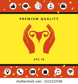 Hands holding Female uterus - protection icon. Graphic elements for your design