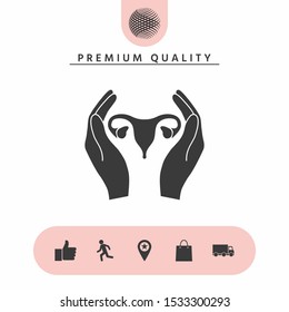 Hands holding Female uterus - protection icon. Graphic elements for your design