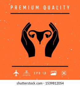 Hands holding Female uterus - protection icon. Graphic elements for your design
