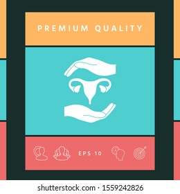 Hands holding Female uterus - protection symbol. Graphic elements for your design