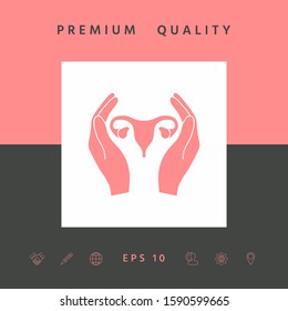Hands holding Female uterus - protection icon. Graphic elements for your design