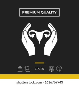 Hands holding Female uterus - protection icon. Graphic elements for your design