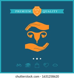 Hands holding Female uterus - protection symbol. Graphic elements for your design