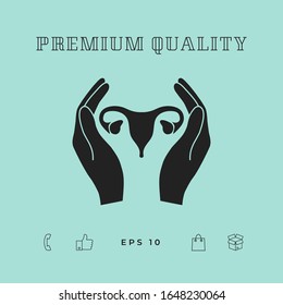 Hands holding Female uterus - protection icon. Graphic elements for your design