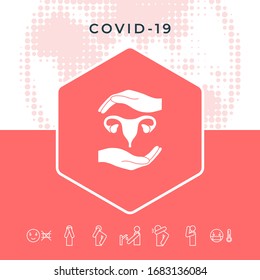 Hands holding Female uterus - protection symbol. Graphic elements for your design