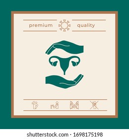 Hands holding Female uterus - protection symbol. Graphic elements for your design