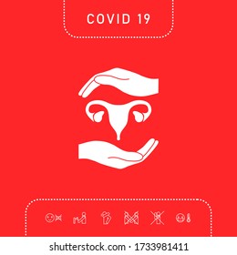 Hands holding Female uterus - protection symbol. Graphic elements for your design