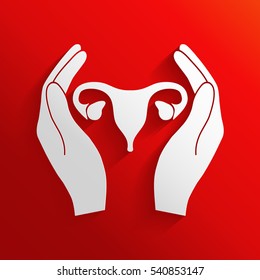 Hands holding Female uterus - protection icon