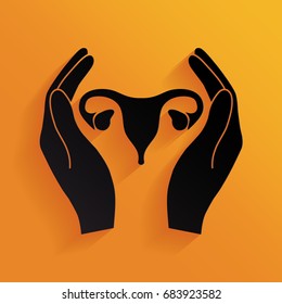 Hands holding Female uterus - protection icon