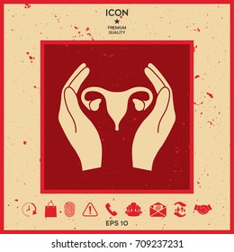 Hands holding Female uterus - protection icon