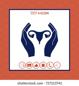 Hands holding Female uterus - protection icon