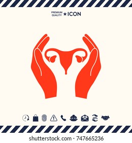 Hands holding Female uterus - protection icon
