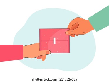 Hands holding feminine pad packaging. Girl giving sanitary napkin to friend flat vector illustration. Hygiene, menstruation, health concept for banner, website design or landing web page