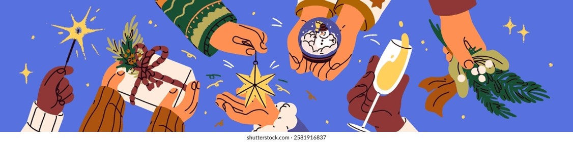 Hands holding festive Christmas light, holiday gift, present box, champagne wineglass, seasonal ornament, mistletoe branch, snow globe and winter bauble. Celebrating Xmas. Flat vector illustration