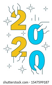 Hands holding figures 2020 on white background. Vertical version