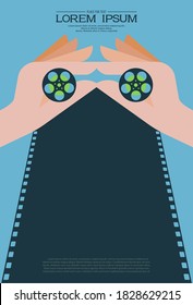 Hands holding film rolls on film strip background. Film festival template for banner, brochure, poster, advertising. Cinema background. Art design filmstrip with place for text. Movie time concept.