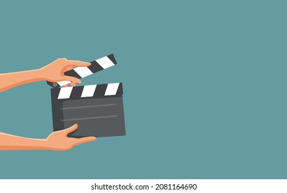 Hands Holding Film Slate Vector Cartoon Illustration. Filmmaker Holding Cinema Clapper For Motion Picture Production Action To Start
