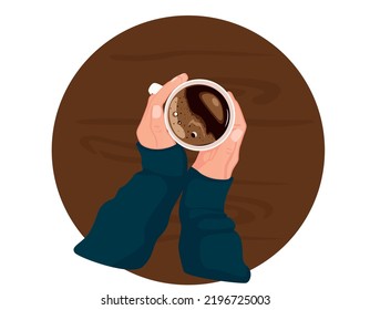 Hands holding filter coffee. Hands on the table.