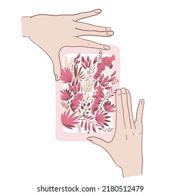 hands holding fingers framed as a viewfinder. two-layer vector image