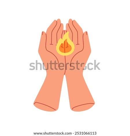 Hands holding fire, caring for burning flame. Warmth protection, heat, light energy symbol. Protecting, saving esoteric mystic power. Concept flat vector illustration isolated on white background