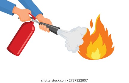 Hands holding fire extinguisher to extinguish the burning fire