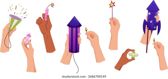 Manos sosteniendo petardos de diferentes Formas, con fósforos encendidos, fusibles, bengalas, confeti. Cumpleaños, Navidades, carnaval, vacaciones, festival. Ilustración vectorial. Estilo plano. Fondo aislado.