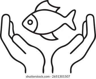 Hands Holding Fish Black Line Vector Icon, Care Catch Concept, Fish Handling, Editable Clean Design, Fishing Lifestyle Element, Line Style Icon