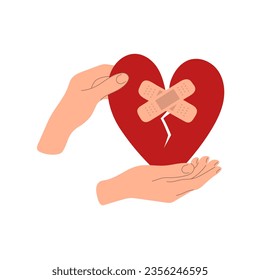Manos con el corazón roto. Corazón roto reparado con yeso. Ilustración de amor de diseño plano aislada en blanco. Recuperación, concepto de relación