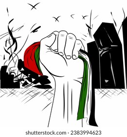 hands holding a flag with a background of destroyed buildings