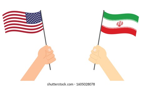 Hands holding flag between USA and Iran face to face for competition - Vector illustration