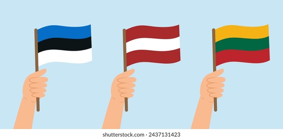Hands holding flags of Baltic countries (Estonia, Latvia, Lithuania). Vector illustration in flat style on blue background.