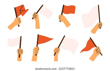 Manos sosteniendo banderas ilustración. Una colección de ocho ilustraciones minimalistas de manos con banderas rojas y blancas, ideales para temas de comunicación, alerta y protesta