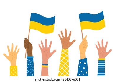 Hands holding flags of Ukraine. The concept of no war. Support for Ukraine. Vector illustration. isolated.