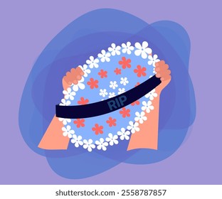 Hands holding floral funeral tribute with RIP on ribbon. Wreath for memorial flat vector illustration. Funeral, death, grief concept for banner, website design or landing web page