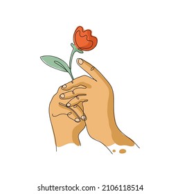 Manos sosteniendo una flor. Resumen de un plano de línea aislado en fondo blanco. Hermosa ilustración vectorial de diseño de mano para afiches, arte de pared, bolso de tote, estuche móvil, camiseta