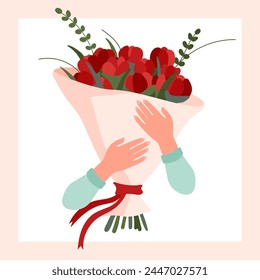 Hands holding flower bouquet. Hands hug bouquet of Flowers. Greeting Card, Banner, Poster. Woman's arms with blooming spring garden flowers and summer wildflowers, peonies, poppies and roses