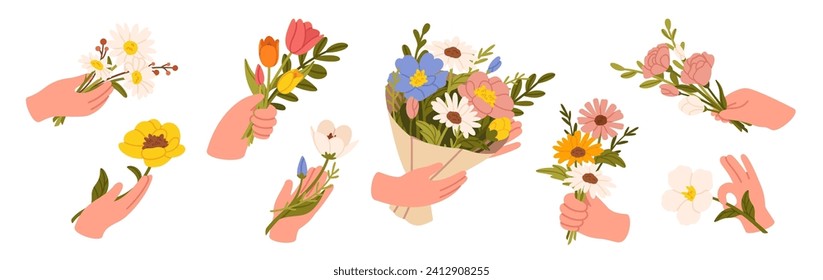 Hands holding flower bouquet. Male arm with blooming spring garden flowers and summer wildflowers, tulips and daisies, cornflowers and roses. Romantic vector elements. Beautiful blossom